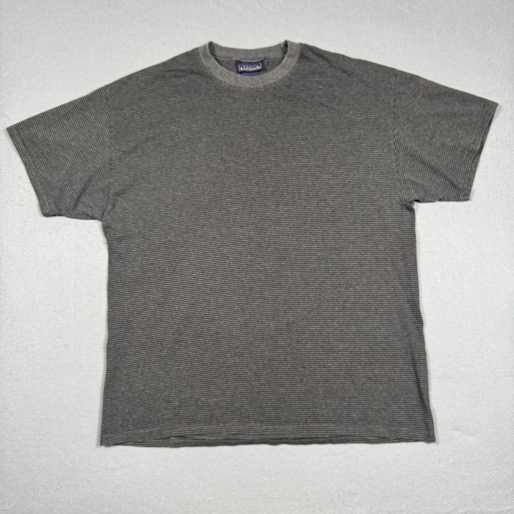 Basic Editions T-Shirt Men Large Gray Striped Short Sleeve Crew Neck Vintage Tee